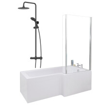 Bathroom L Shaped Shower Bath 1700mm RH Mixer Shower Screen Side Panel White