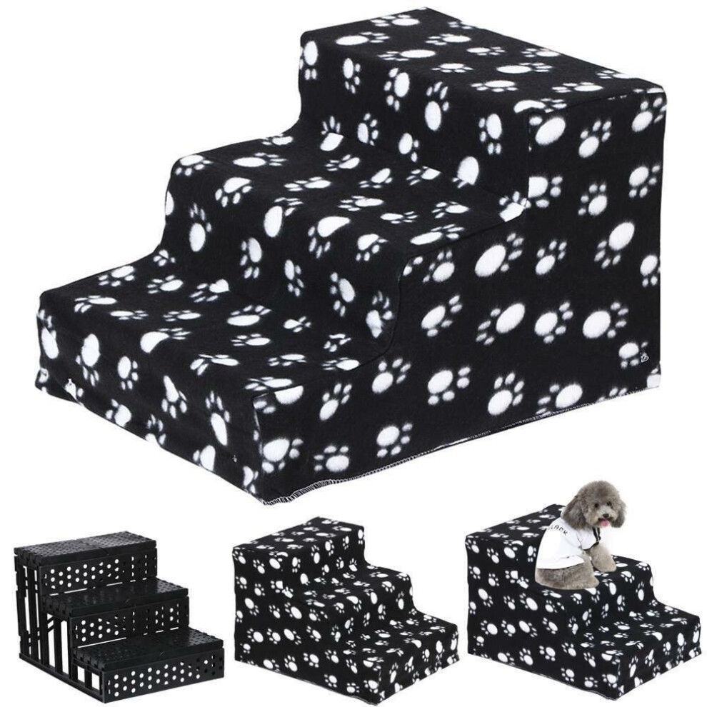 (Black Claw) 3 Steps Pet Dog Ladder Soft Stairs Puppy Washable Cover Ramp Foldable Doggy