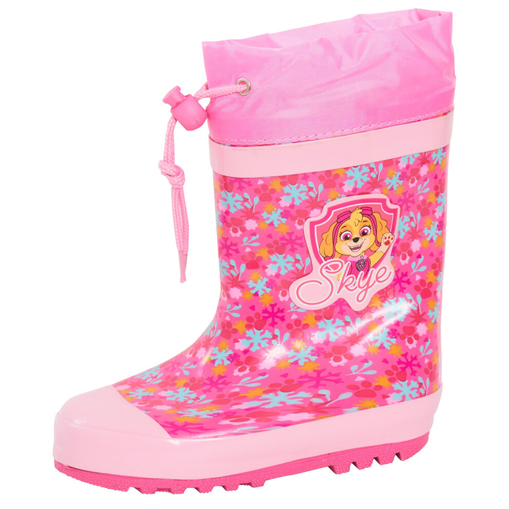 (8 UK Child) Girls Paw Patrol Tie Top Wellies Warm Lined Skye Wellington Boots Kids Snow Shoe