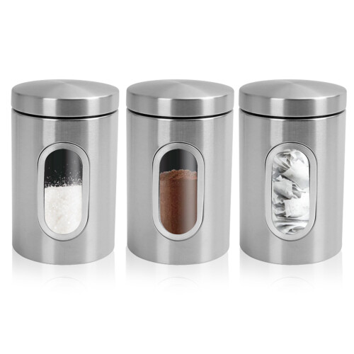 Vivo Kitchen Canister Set 3 Piece Coffee Tea Sugar Caddy Clear Viewing Window Silver