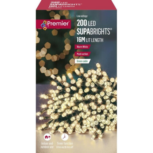 Premier 200 LED Christmas Tree Timer Lights Multi Action Bright Warm White 16M
