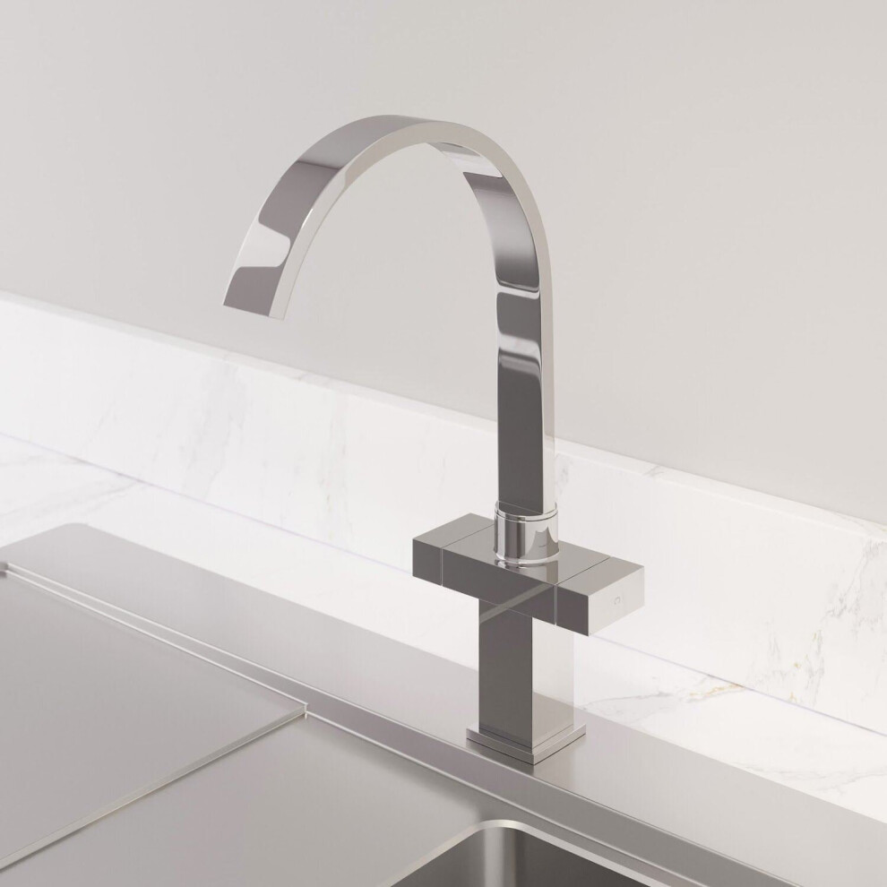 Säuber Modern Mono Kitchen Mixer Tap Square Swivel Spout Twin Controls Chrome Faucet Silver