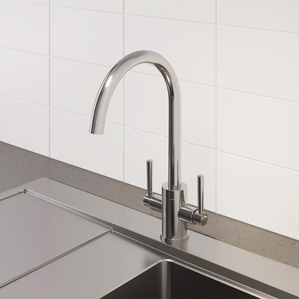Modern Mono Kitchen Sink Mixer Tap Twin Lever Chrome Curved Swivel Spout Faucet