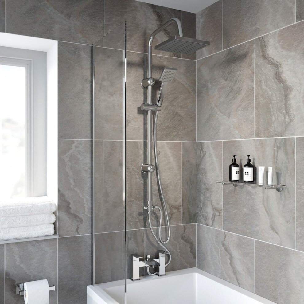 Bathroom Square Shower Mixer Waterfall Tap Kit Riser Rail Hose Chrome Twin Heads