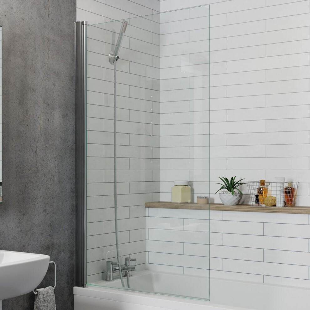 Modern Bathroom Over Bath Shower Screen Square Chrome 800mm Reversible 6mm Glass