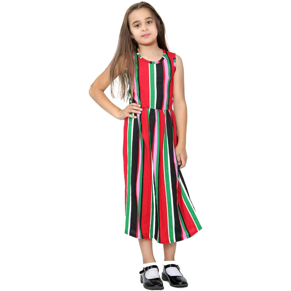 (9-10 Years, Multi Stripes) Girls Maxi Dress Printed Party Long Skater Dress