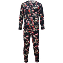 (9-10 Years, Black) Girls Floral Print Zip Up Velour Set Outfit Set