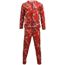 (7-8 Years, Red) Girls Floral Print Zip Up Velour Set Outfit Set