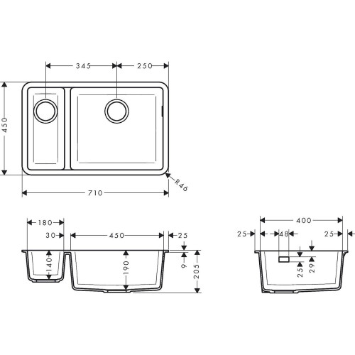 Hansgrohe Hansgrohe S51 Kitchen Sink 1.5 Bowl Graphite Black Undermount SilicaTec 710mm 2
