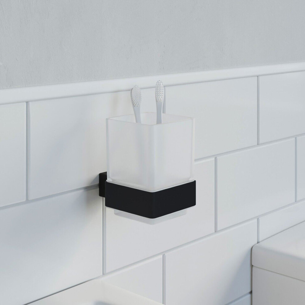 Bathroom WC Tumbler Toothbrush Holder Black Square Wall Mounted Stylish Modern