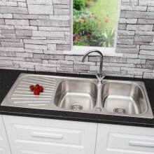 Stainless Steel 2 Bowl Double Kitchen Sink Reversible Drainer Inset Basket Waste