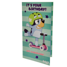 Bluey Birthday Card - Official Licensed Merchandise, Gloss Finish, Bluey, Bingo & Dad on Green Stripe, Includes White Envelope