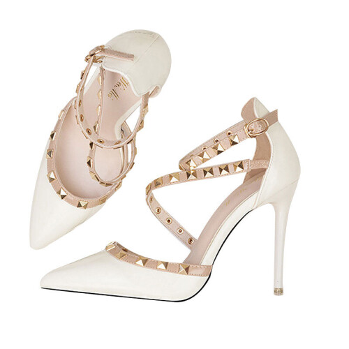 (White, 37) Lady Pointed Toe Thin Heel Solid Color Rivet Pumps
