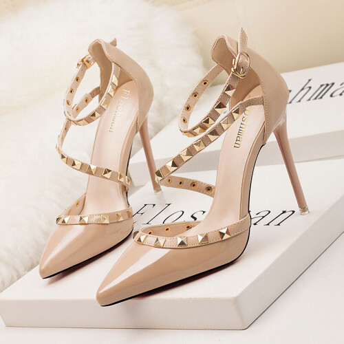 (Nude, 37) Lady Pointed Toe Thin Heel Solid Color Rivet Pumps 2