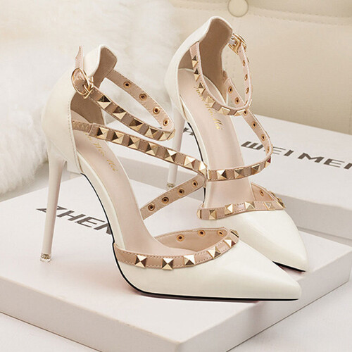 (White, 37) Lady Pointed Toe Thin Heel Solid Color Rivet Pumps 2