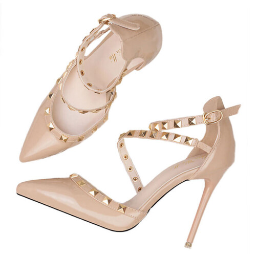 (Nude, 37) Lady Pointed Toe Thin Heel Solid Color Rivet Pumps
