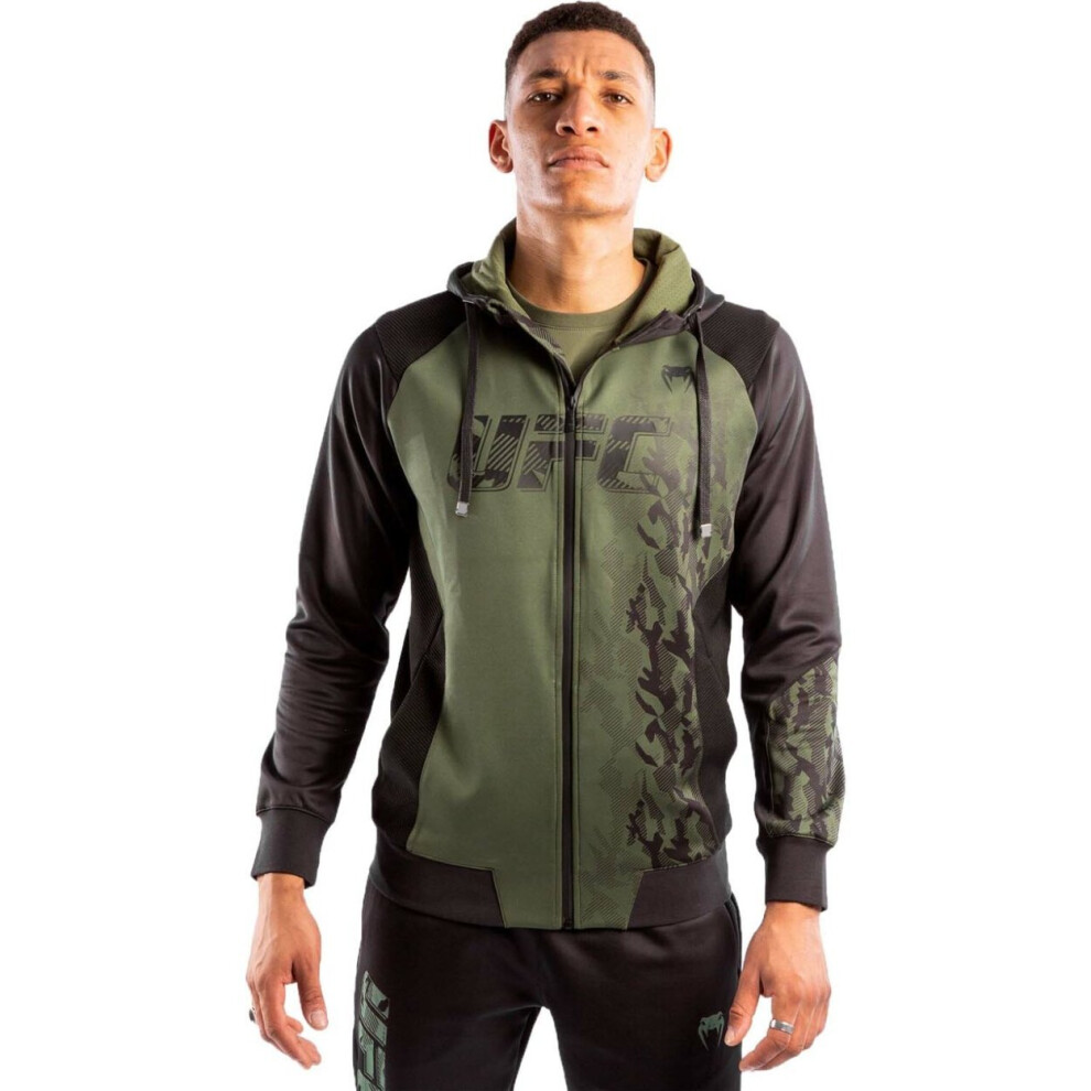 (Small) VENUM X UFC AUTHENTIC FIGHT WEEK POLYESTER HOODIE - BLACK/KHAKI 