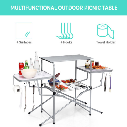 Gymax Folding Camping Table W/2 Extended Tables & Wire Rack Compact Portable 2