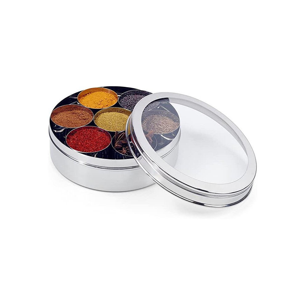 (18.5 cm) Vinod Stainless Steel Spice Box/Masala Dabba with 7 Comparments and Transparent Lid , silver