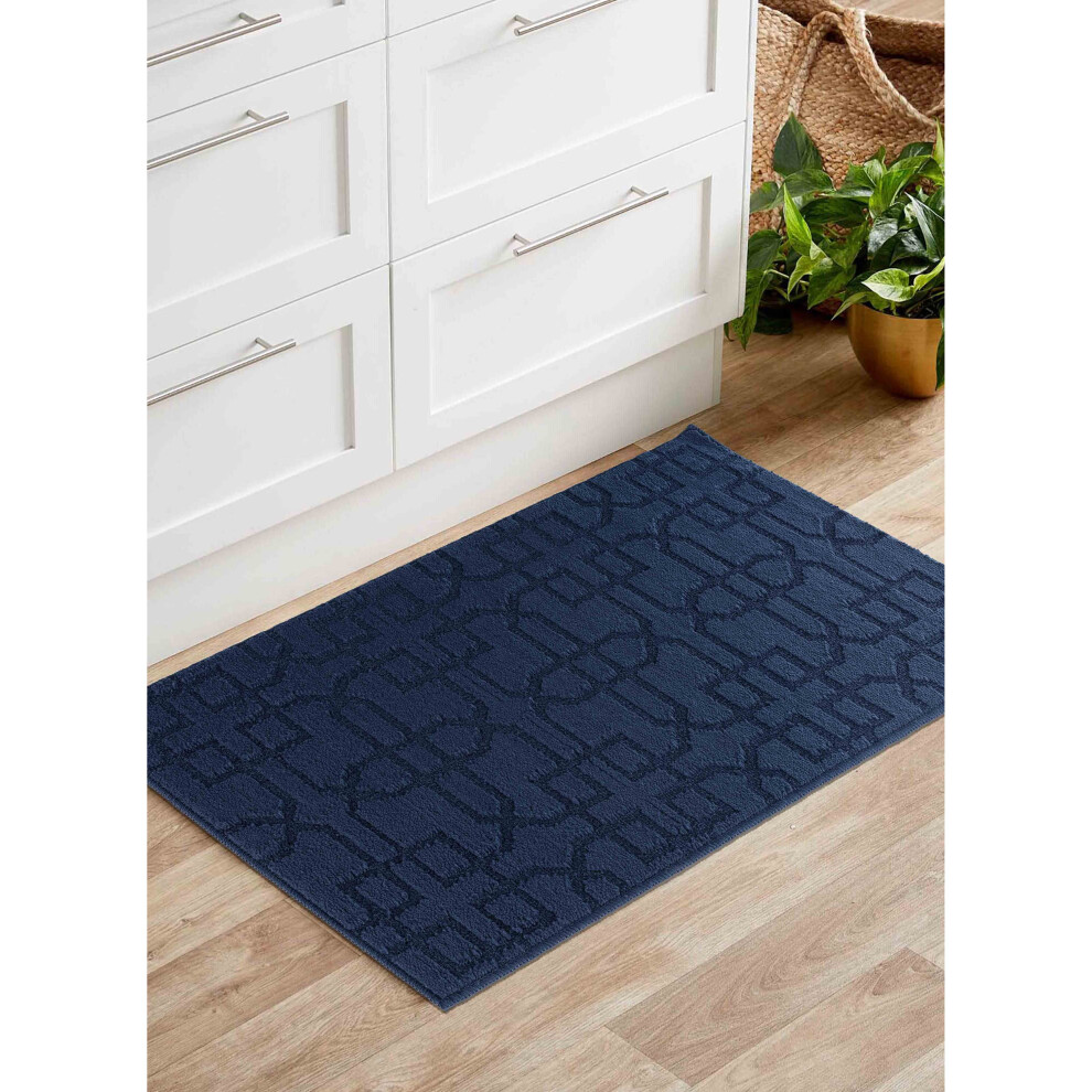 (Rectangle 50x80 cm, NAVY) Anti Slip Cubed Trellis Design 9MM Kitchen & Hall Runners Doormats