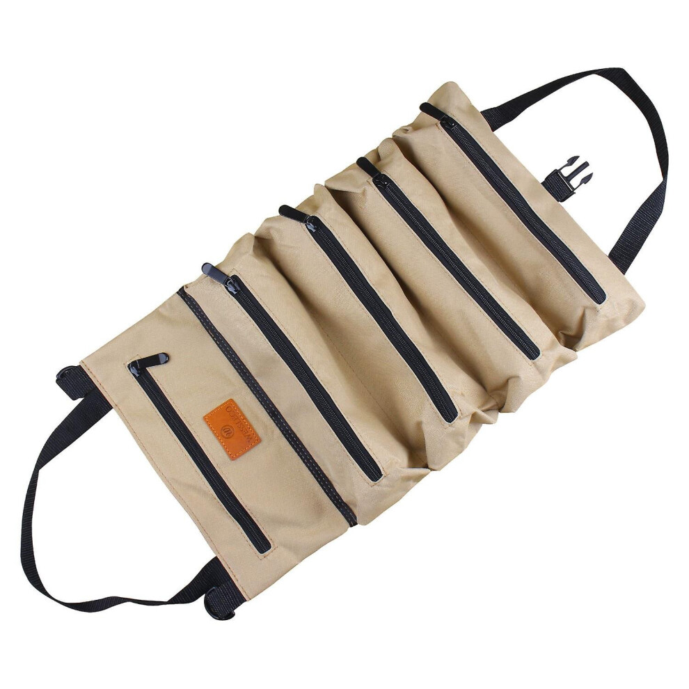 (Khaki) Tool Roll Bag Portable Tool Storage Bag Repair Tools Zipper Hanging Organizer 768655111143