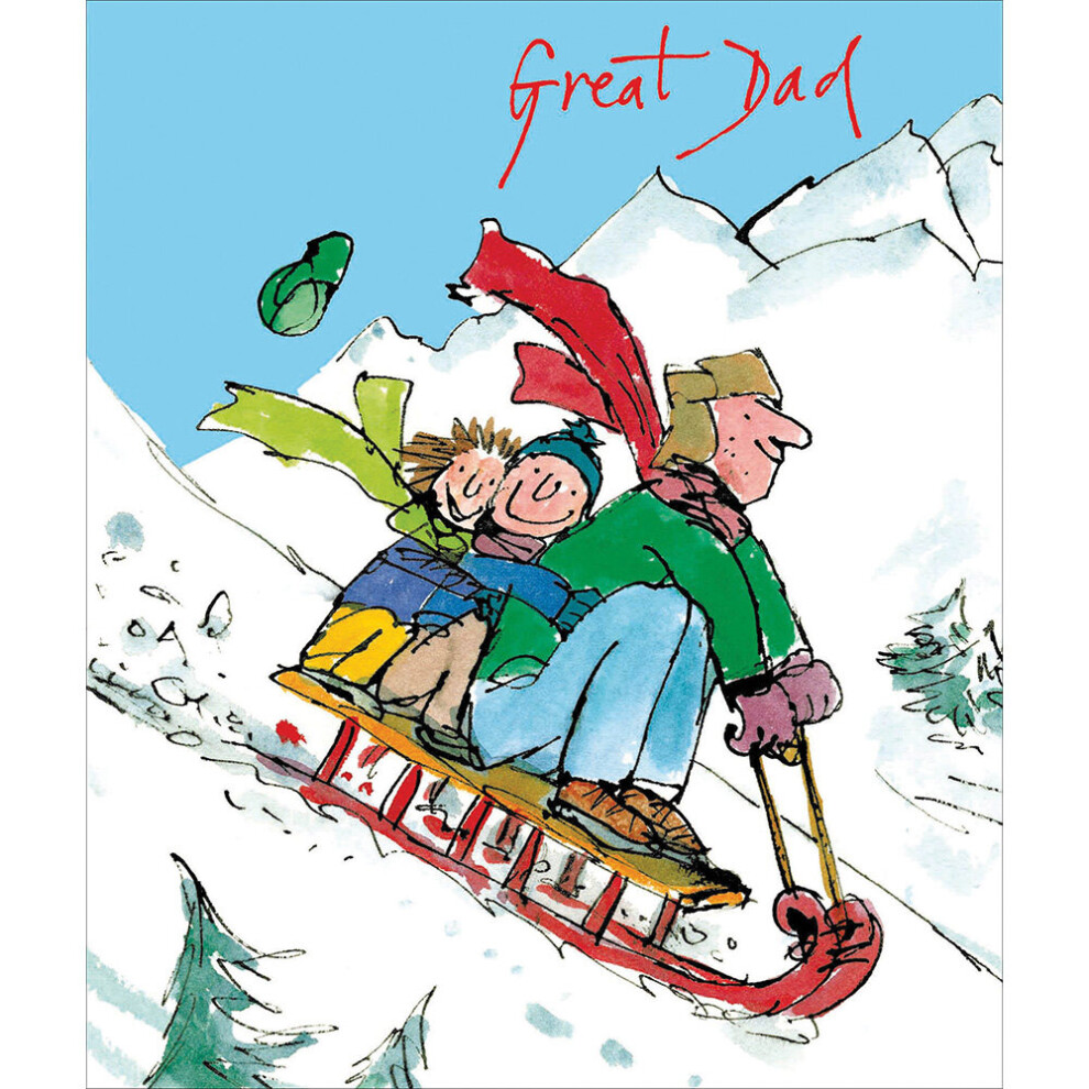 Great Dad Xmas Toboggan Snow Sled Fun with Kids Illustration Quentin Blake Christmas Card