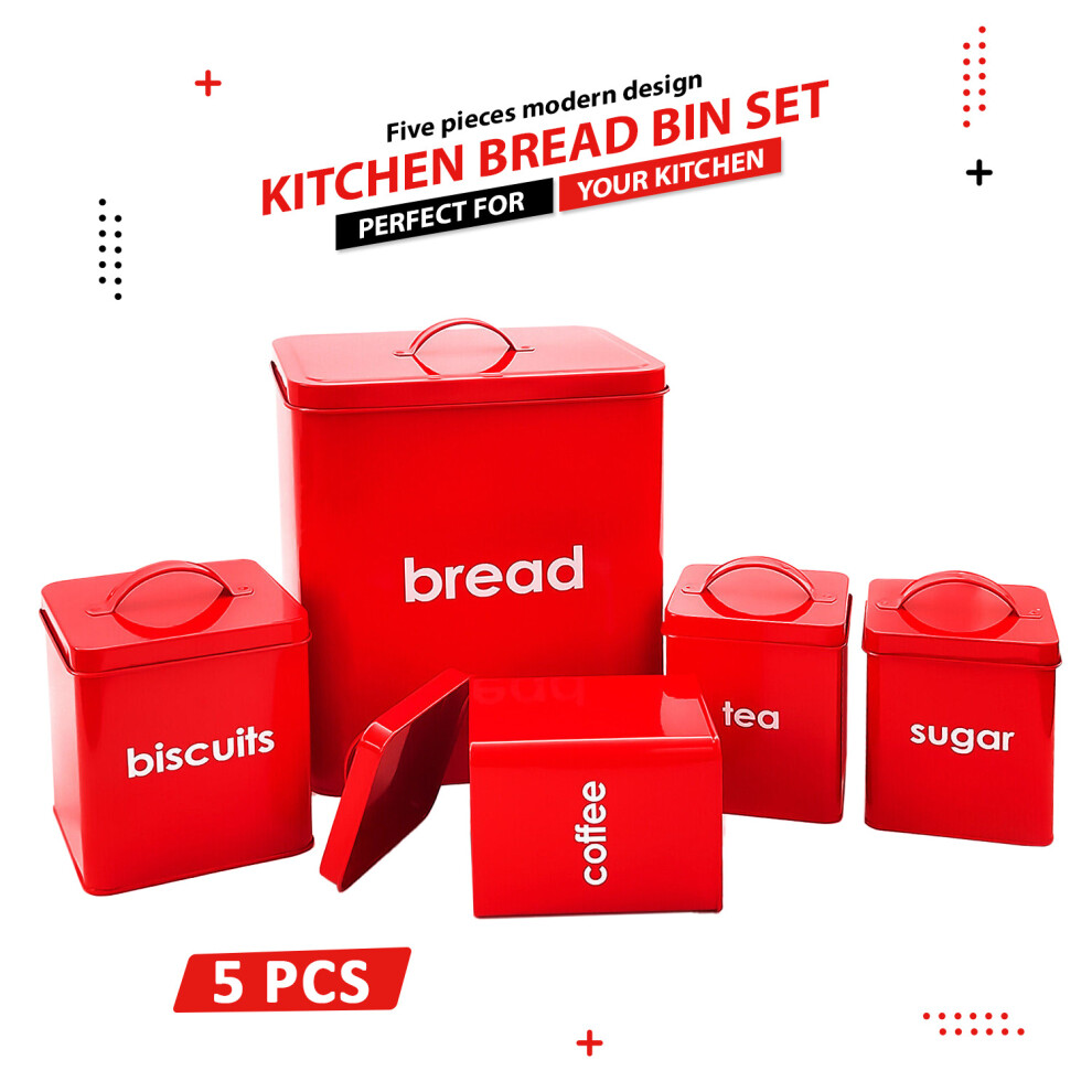 5 Piece Kitchen Tin Storage Jars Bread Bin Set