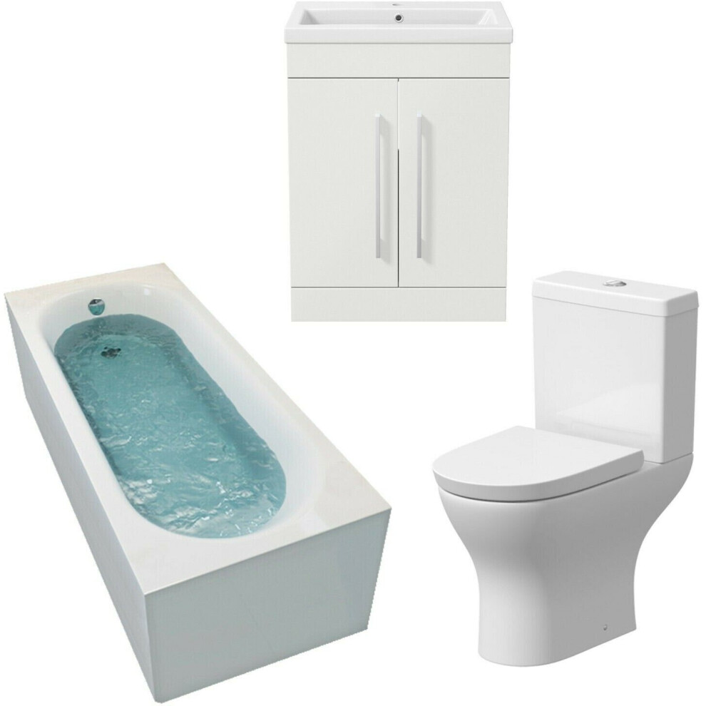 Gloss White Bathroom Suite 1700mm Straight Bath Screen Basin Toilet Vanity Unit