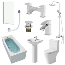 Bathroom Suite 1700mm Single Ended Bath Shower Toilet Pedestal Basin Taps Screen