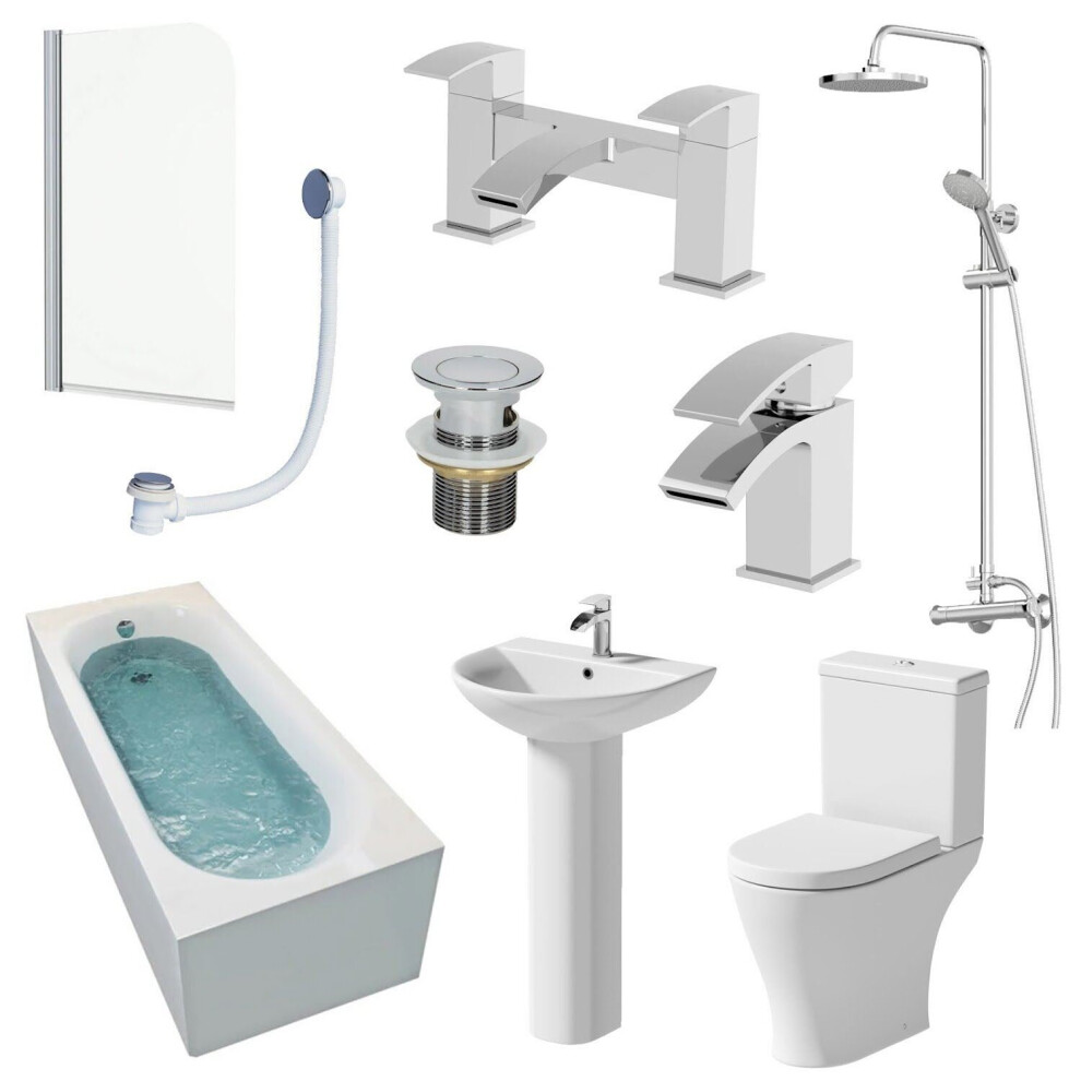 Bathroom Suite 1700Mm Single Ended Bath Shower Toilet Pedestal Basin Taps Screen 5056093684561