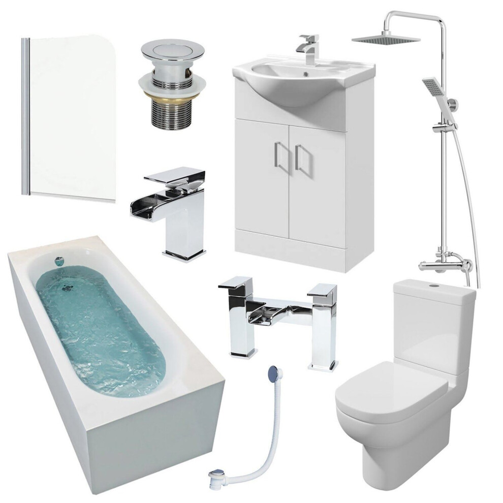 1700mm Single Ended Bathroom Suite Bath Shower Screen Basin Taps Toilet Waste
