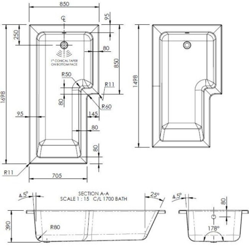 1700mm RH L Shaped White Acrylic Square Bath Shower Modern - Bath Only 2