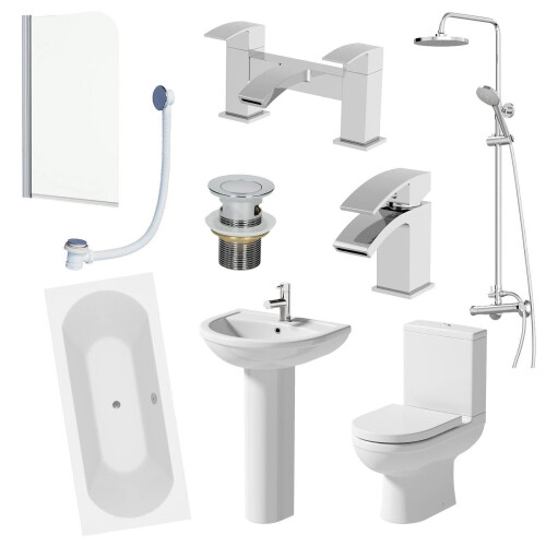 Complete 1700mm Bathroom Suite Bath Shower Screen Toilet Taps Basin