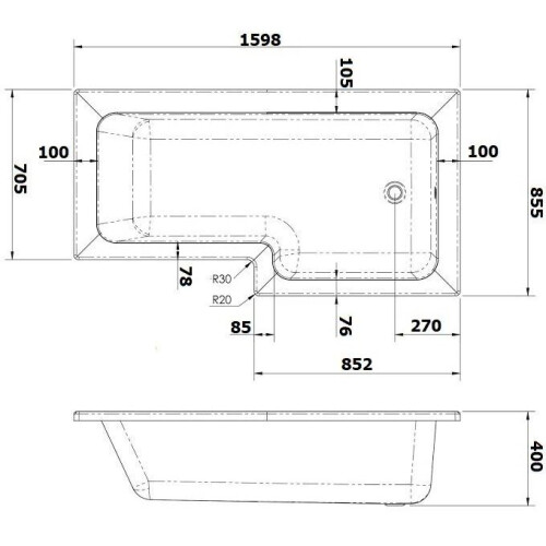 1600mm RH L Shaped White Acrylic Square Bath Shower Modern - Bath Only 2
