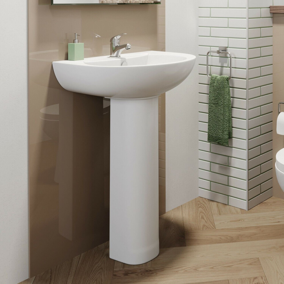 Bathroom Wash Basin Sink Full Pedestal Single Tap Hole Modern Cloakroom White