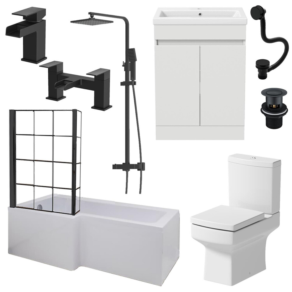 Complete Bathroom Suite Black 1700 L Shape LH Bath Screen Vanity WC Shower Taps