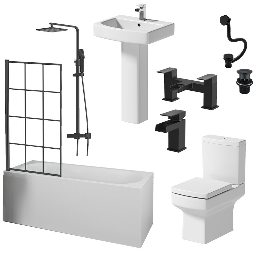 Complete Bathroom Suite Black Bath Shower Screen Basin Toilet Taps Waste 1700mm