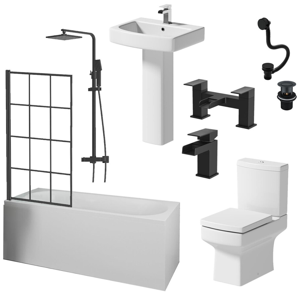 Complete Bathroom Suite Black Bath Shower Screen Basin Toilet Taps Waste 1600mm