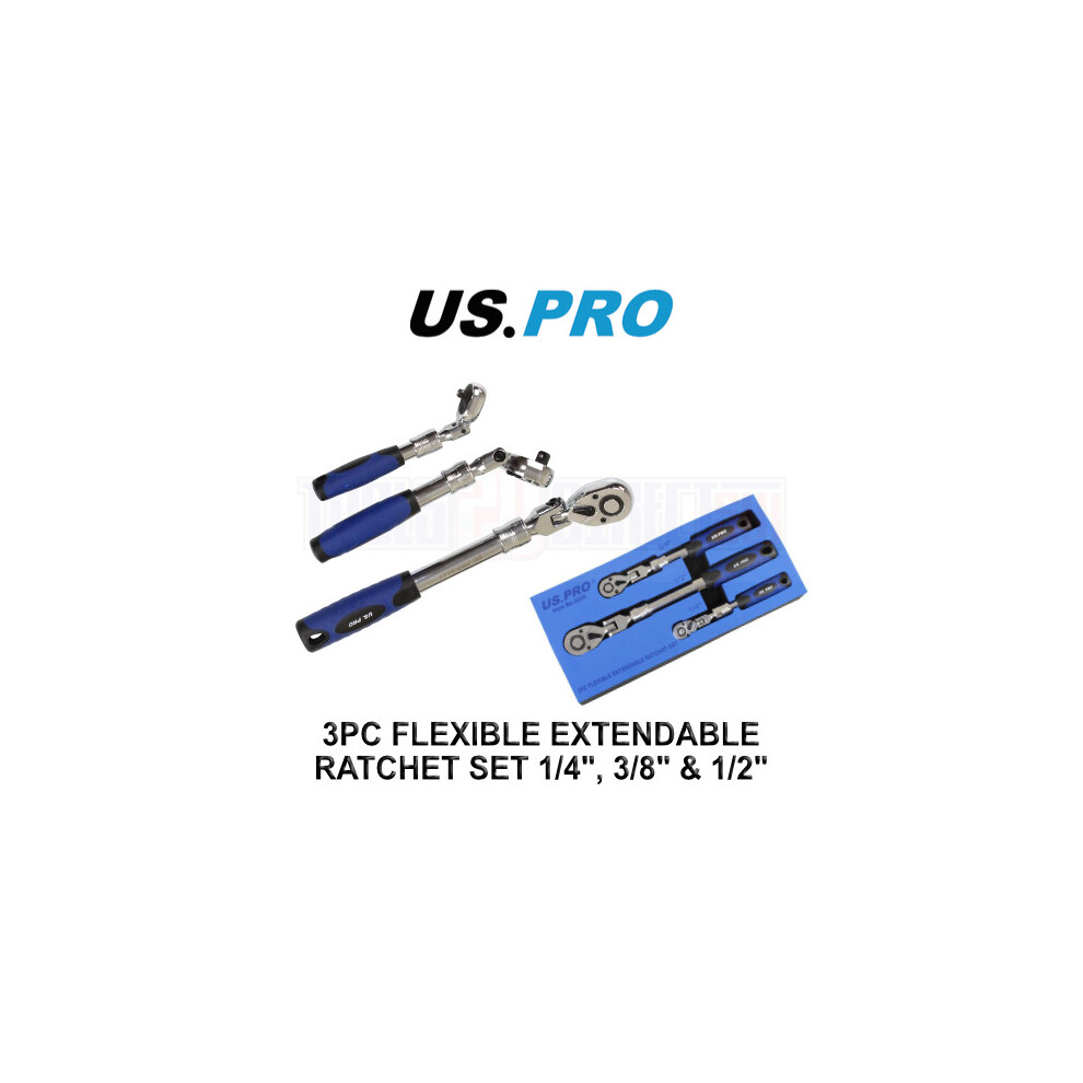 US PRO Tools 3pc Flexible Extendable Ratchet Set 1/4", 3/8" & 1/2" Drives 4206