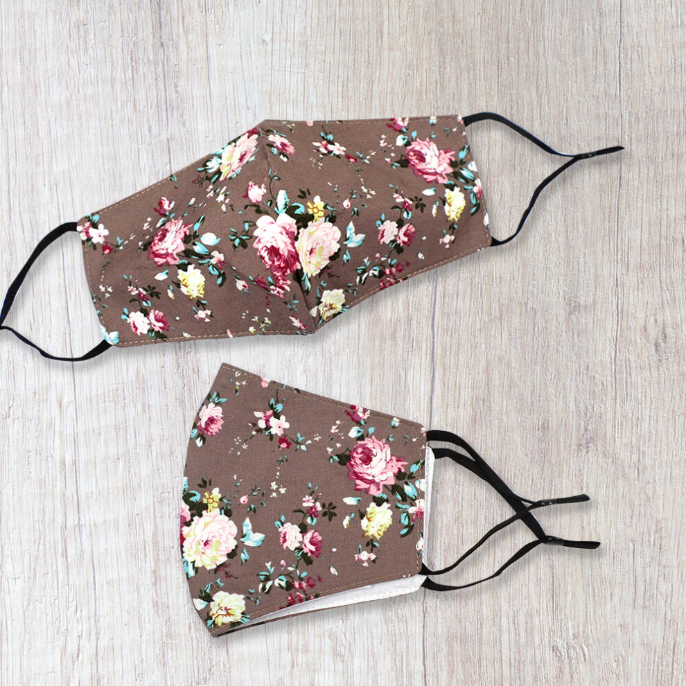 Fashionable Fabric Roses Print On Mocha Face Mask Durable & Reusable Cotton Face Masks 5060461206408