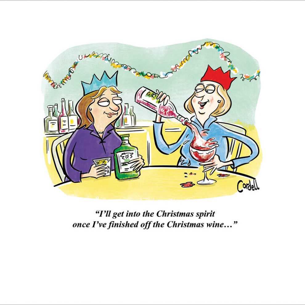 Christmas Spirit Wine Funny Xmas Art Humour Greeting Card by Cordell Cartoons