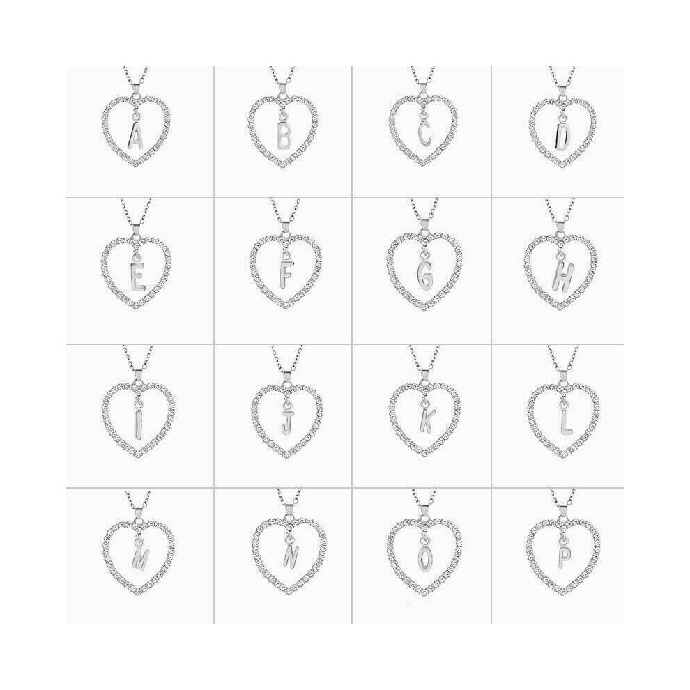 (Silver, I) Ladies Rose Gold Pendant Love Heart Initial Alphabet Letter Cubic Chain Necklace