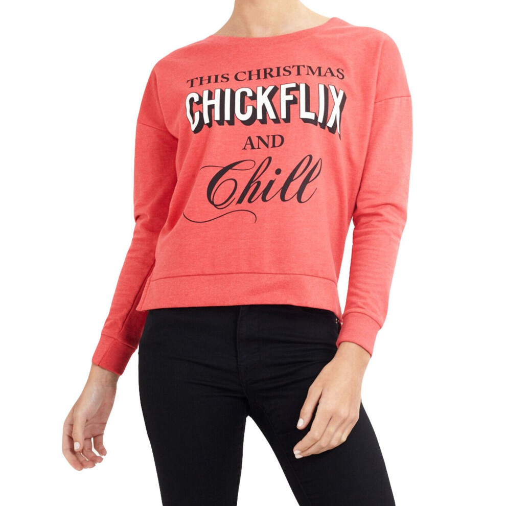 (Red - CHICKFLIX, XS) Ladies Christmas Sweatshirt Long Sleeve Jumper Slogan Pullover Top