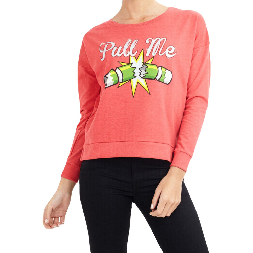 (Red - CRACKER, XS) Ladies Christmas Sweatshirt Long Sleeve Jumper Slogan Pullover Top