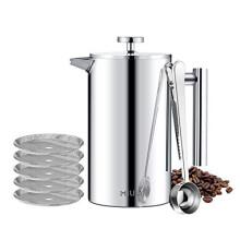 MaxMiuly French Press 1L/8 Cup Cafetiere Stainless Steel Coffee Press Double Wall Sliver Coffee Maker Insulated Coffee Pot with 8 Additional Coff