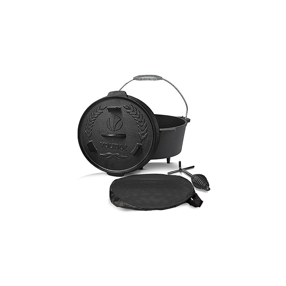 VOUNOT Dutch Oven 4.25 Liters, Pre-Seasoned Cast Iron Pot with Carry Bag, Feet, Lid Lifter, Spiral Handle and Slot for Thermometer, for Camping,