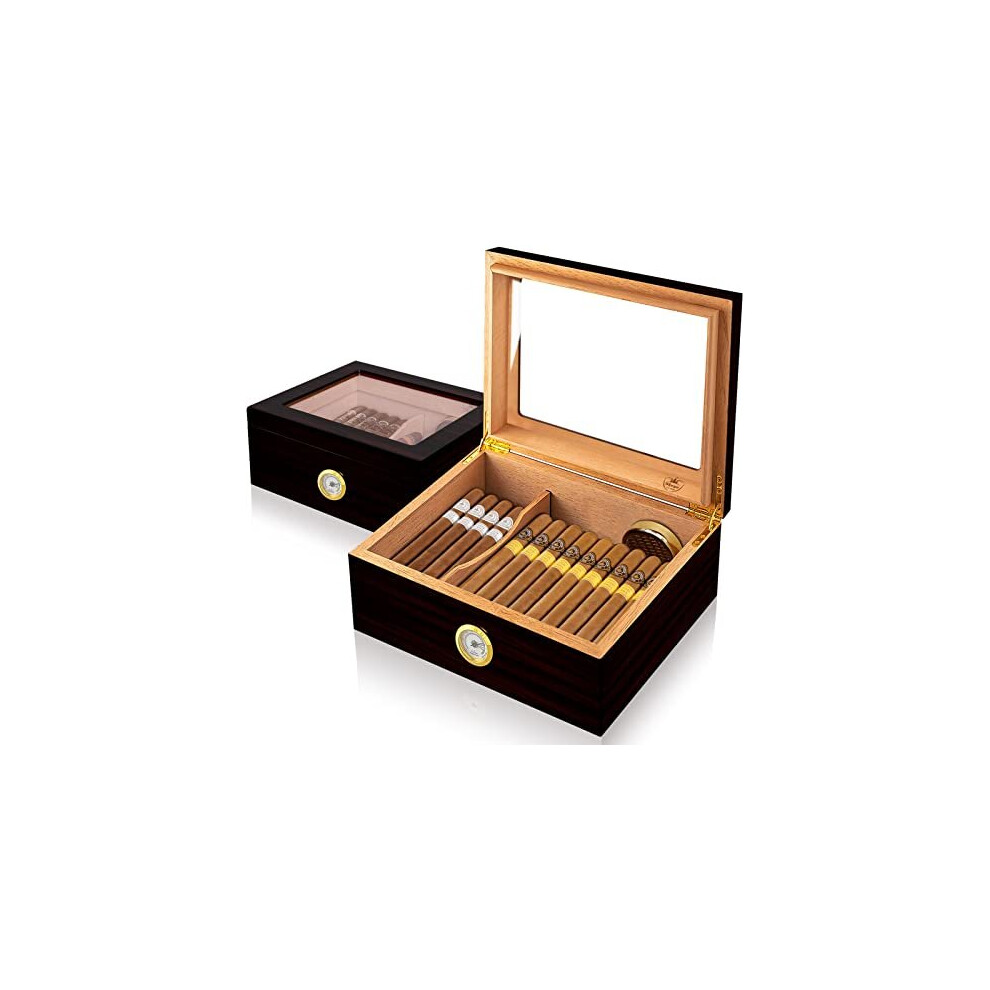 Cigar Humidor,SLEGE Humidor Cigar Box,Handcraft Cedar Humidor with Hygrometer,Humidifier,Divider-Cuban Cigar Desktop Humidor Glass Top Smoke Stor