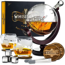 Whisiskey Whiskey Decanter Globe - 900 ml Whiskey Carafe Set Gifts For Men Inc. 2 Whiskey Glasses 4 Whiskey Stones 2 Coasters Gla