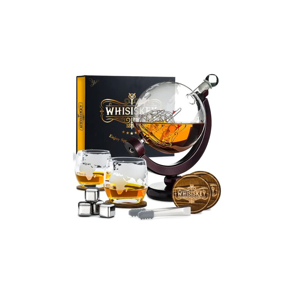 Whisiskey  Whiskey Decanter  Globe - 900 ml  Whiskey Carafe Set  Gifts For Men  Inc. 2 Whiskey Glasses  4 Whiskey Stones  2 Coasters  Gla