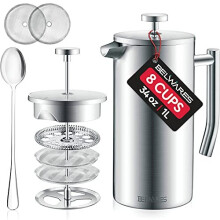 Belwares French Press Coffee Maker - Double Wall 304 Stainless Steel - 4 Level Filtration System with 2 Extra Filters, Silver, 34oz (1L)